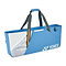 The Yonex 52531EX Club Tournament Badminton Bag in Grayish Blue has gray straps, a zippered front pocket with silver metallic and white design, a sleek rectangular shape with a racket divider for organizing equipment, and a separate shoe compartment for added convenience.