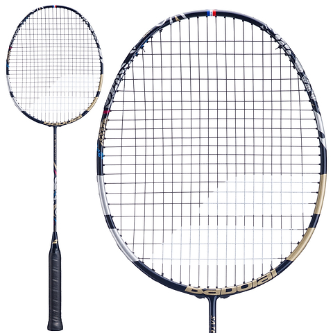 Two views of the Babolat Satelite Master 3U 2026 Badminton Racket - Navy Blue by Babolat: one displays the full length with a black handle, while the other offers a close-up of the oval stringed head and frame. Designed for precision control, this racket features striking navy blue, black, and gold accents.