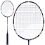 Two views of the Babolat Satelite Master 3U 2026 Badminton Racket - Navy Blue by Babolat: one displays the full length with a black handle, while the other offers a close-up of the oval stringed head and frame. Designed for precision control, this racket features striking navy blue, black, and gold accents.