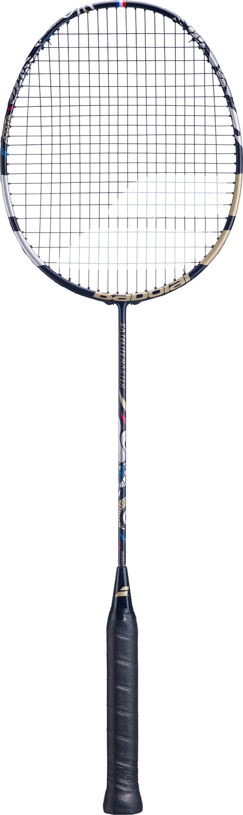 A full view of the Babolat Satelite Master 3U 2026 Badminton Racket in navy blue, featuring a black grip, slim shaft, and round stringed head for precision control, photographed on a white background.