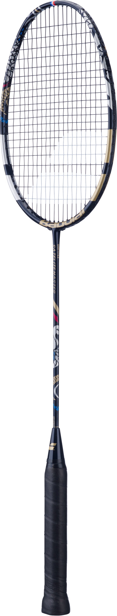 A Babolat Satelite Master 3U 2026 Badminton Racket in navy blue with white strings is displayed upright on a plain white background. The handle features a black grip wrap, highlighting its sleek design and precision control.