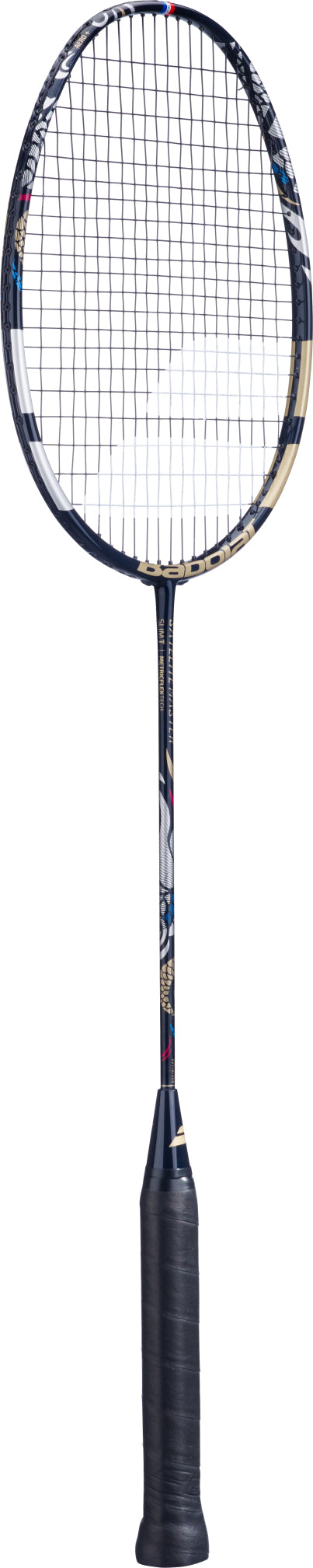 A navy blue Babolat Satelite Master 3U 2026 badminton racket with white strings and a wrapped handle, standing upright against a white background. Designed for precision control, this Babolat racket combines style with top-notch performance.