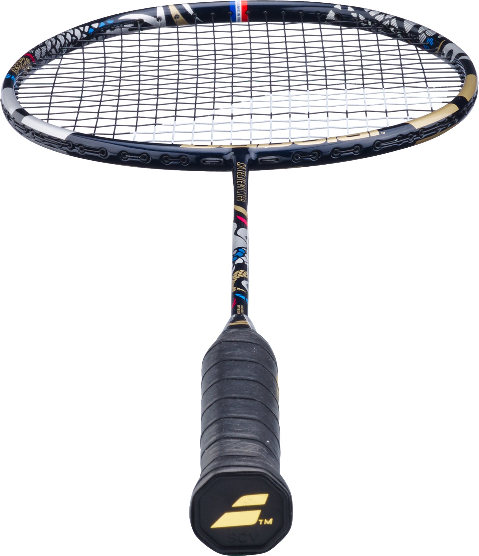 A navy blue Babolat Satelite Master 3U 2026 Badminton Racket is viewed from the handle end, displaying the grip, shaft, and stringed oval head, designed for precision control and isolated on a white background.
