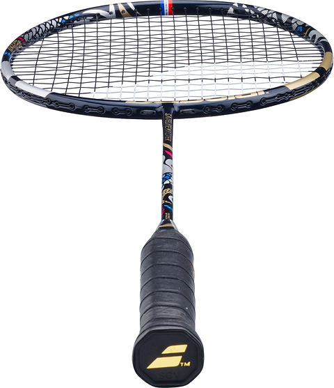 A navy blue Babolat Satelite Master 3U 2026 Badminton Racket is viewed from the handle end, displaying the grip, shaft, and stringed oval head, designed for precision control and isolated on a white background.