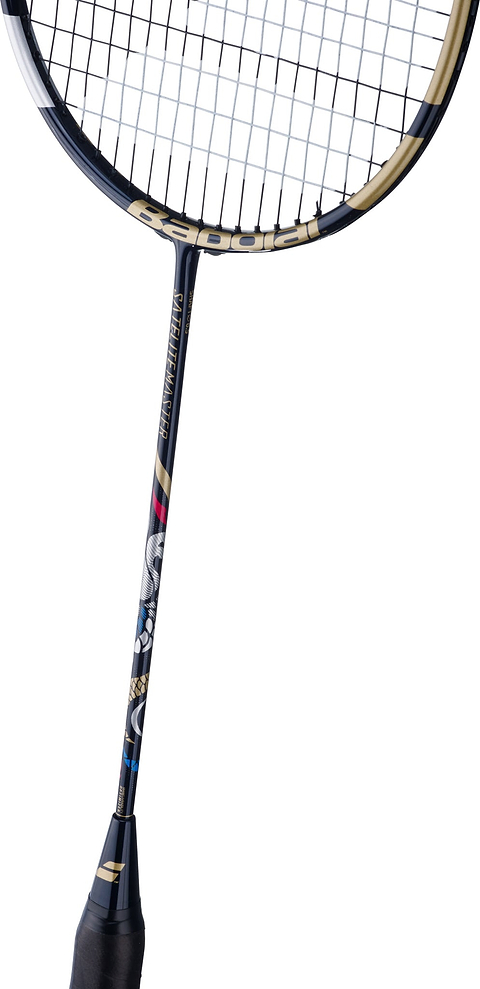 A close-up view of the Babolat Satelite Master 3U 2026 Badminton Racket in navy blue, showcasing its finely strung strings, durable shaft, and comfortable grip against a white background—ideal for players who value precision control.
