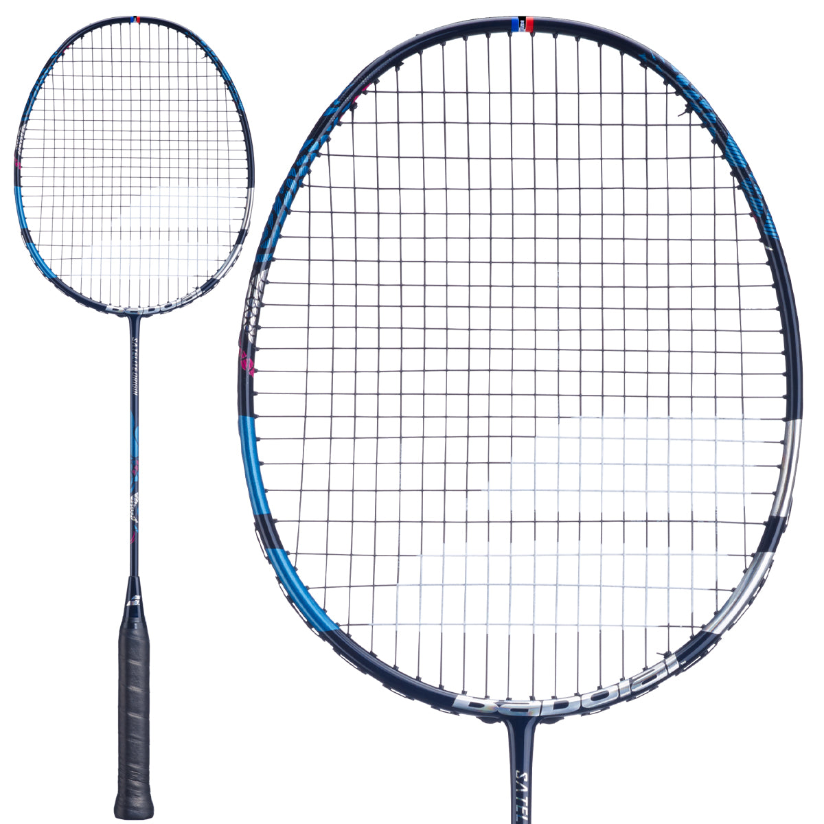 A Babolat Satelite Origin 4U 2026 Badminton Racket in navy blue, showcasing a black handle, a blue and black frame, tightly strung netting with a head light balance, displayed both in full view and in a close-up of the racket head.