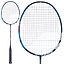 A Babolat Satelite Origin 4U 2026 Badminton Racket in navy blue, showcasing a black handle, a blue and black frame, tightly strung netting with a head light balance, displayed both in full view and in a close-up of the racket head.