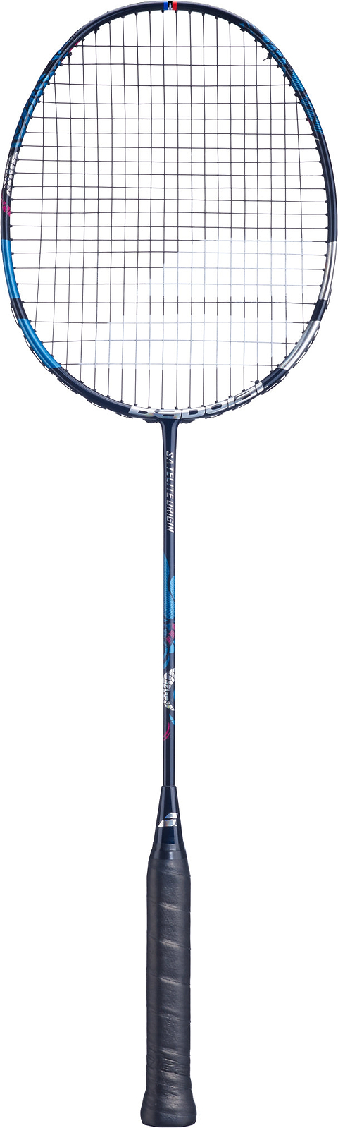 A full-length view of the Babolat Satelite Origin 4U 2026 Badminton Racket in navy blue, showcasing its black grip, slender shaft, and round stringed head with a head light balance, set against a white background.