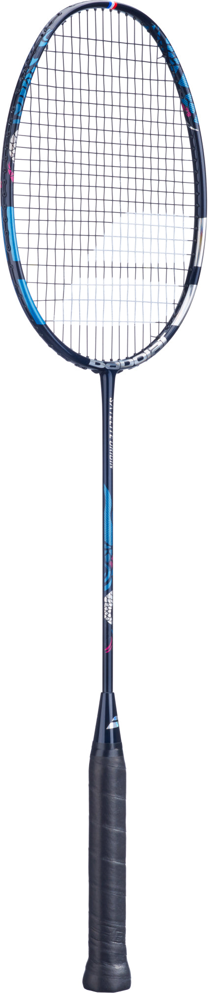 A navy blue Babolat Satelite Origin 4U 2026 badminton racket with a wrapped grip and head light balance is photographed against a white background.