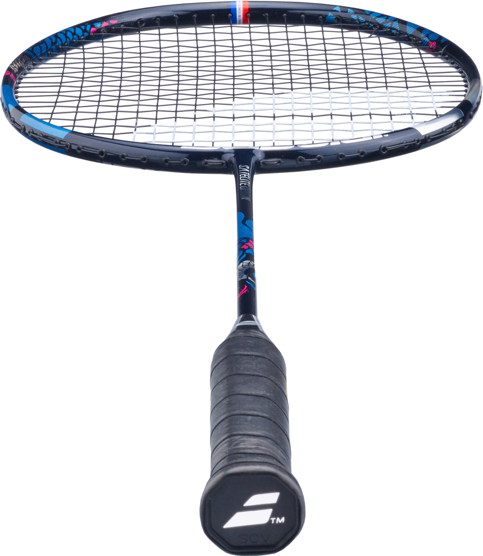 A close-up view of the Babolat Satelite Origin 4U 2026 Badminton Racket - Navy Blue by Babolat showcases its head light balance, black grip, navy blue and red accents, and a white logo on the handle, displayed against a white background.