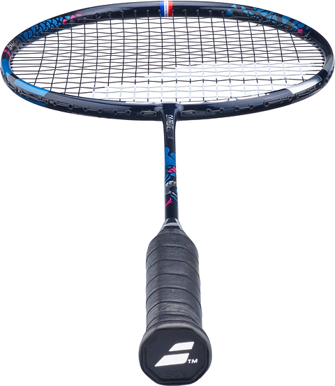 A close-up view of the Babolat Satelite Origin 4U 2026 Badminton Racket - Navy Blue by Babolat showcases its head light balance, black grip, navy blue and red accents, and a white logo on the handle, displayed against a white background.