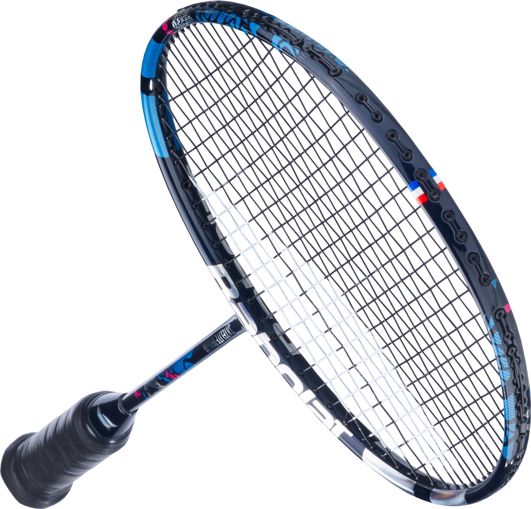 A Babolat Satelite Origin 4U 2026 badminton racket in navy blue with a wrapped handle and head light balance, displayed at an angle on a white background.