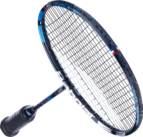 A Babolat Satelite Origin 4U 2026 badminton racket in navy blue with a wrapped handle and head light balance, displayed at an angle on a white background.