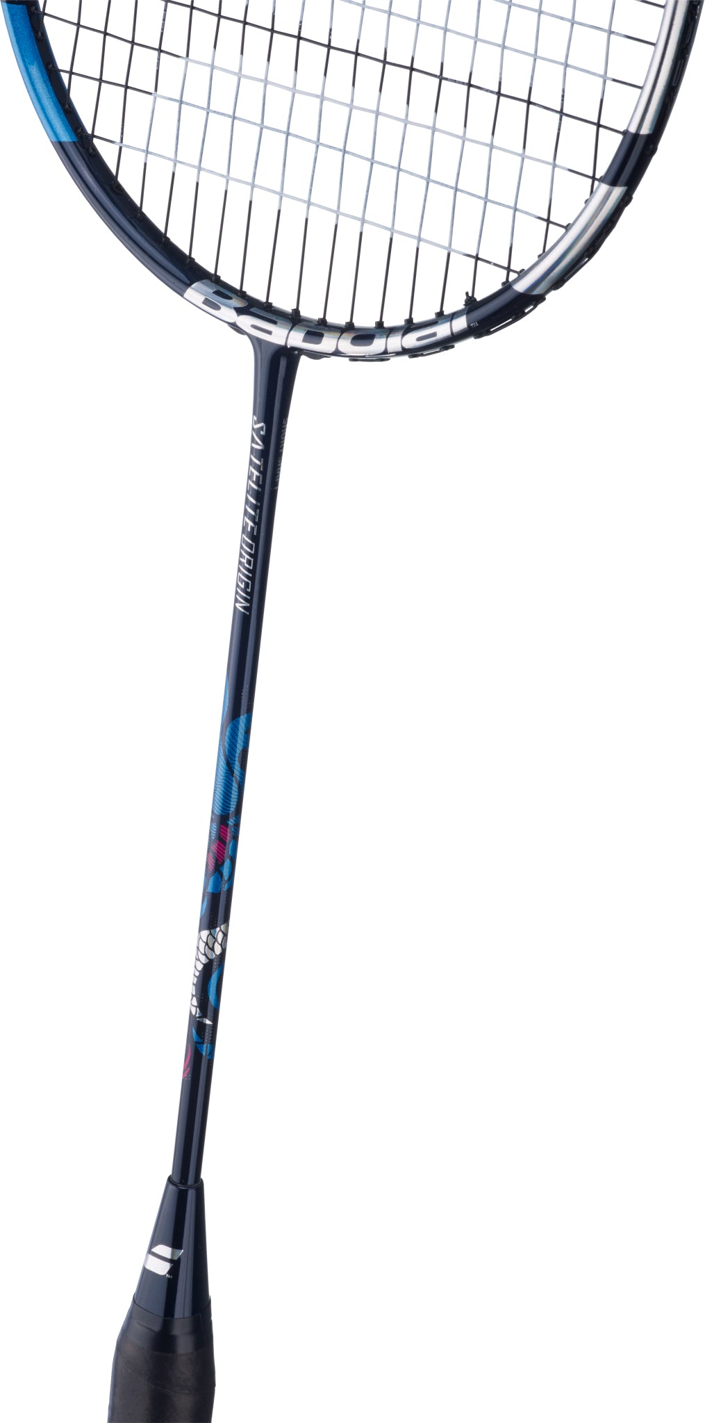 A close-up image of the Babolat Satelite Origin 4U 2026 Badminton Racket - Navy Blue showcases its black handle, dark blue shaft, and white strings against a white background. This Babolat model is designed with a head light balance to provide enhanced speed and maneuverability on the court.