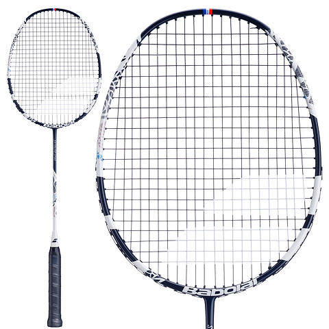 A white and blue Babolat Satelite Spire 3U 2026 Badminton Racket is displayed from two angles: a full view and a close-up of the racket head, showcasing the strings and frame—ideal for club players seeking precision and performance.