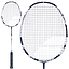 A white and blue Babolat Satelite Spire 3U 2026 Badminton Racket is displayed from two angles: a full view and a close-up of the racket head, showcasing the strings and frame—ideal for club players seeking precision and performance.