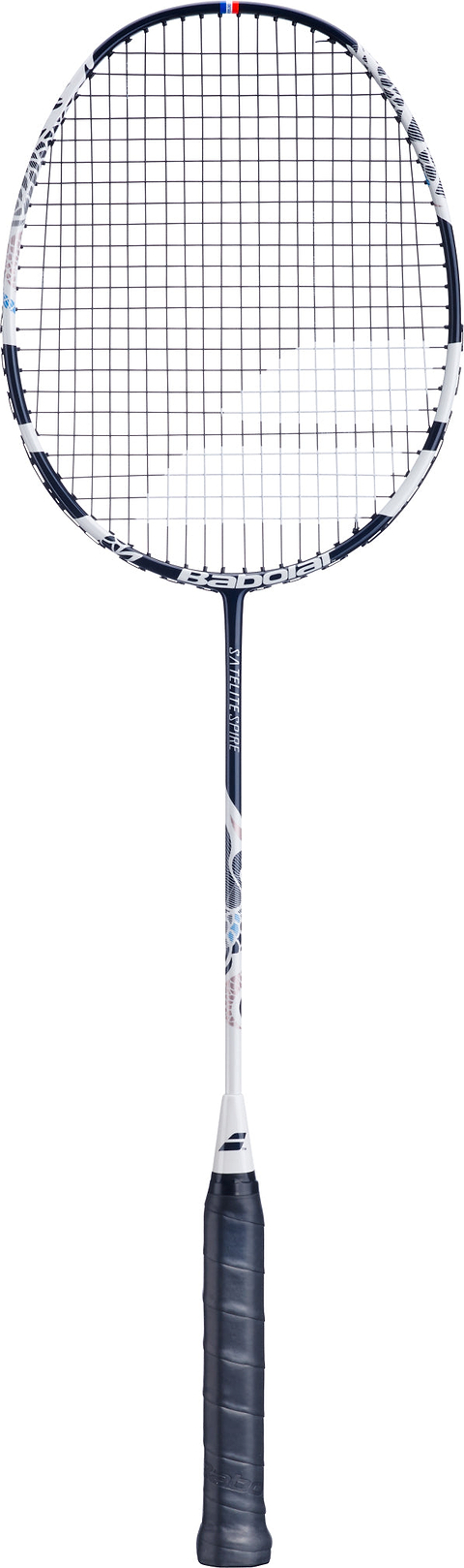 A complete view of the Babolat Satelite Spire 3U 2026 Badminton Racket in White / Blue by Babolat—displaying its black grip, white shaft, and dark blue frame—is presented on a plain white background, making it an excellent option for club players who value both precision and style.