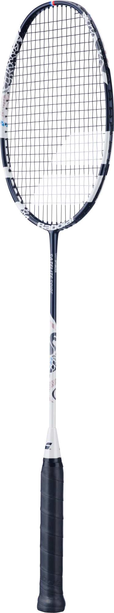 A white and blue Babolat Satelite Spire 3U 2026 badminton racket with a tight string pattern, black grip, and slim, aerodynamic frame—perfect for club players—is displayed against a white background. This racket from Babolat is designed to deliver exceptional control and performance on the court.