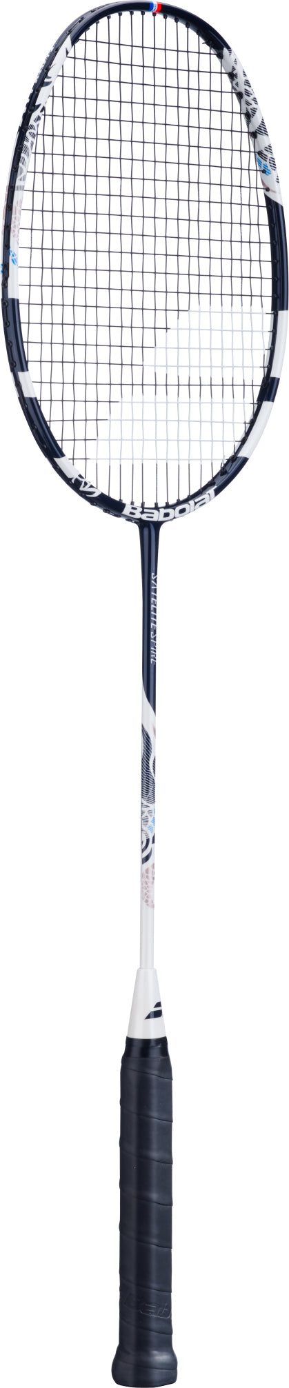 A Babolat Satelite Spire 3U 2026 badminton racket by Babolat, featuring a white and blue frame with a black grip and tightly strung strings, photographed against a white background—a superb choice for club players seeking precision and control.