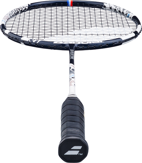A Babolat Satelite Spire 3U 2026 Badminton Racket in white and blue, featuring a black grip and a sleek frame, is shown handle-forward against a white background—an excellent option for club players who value both precision and style.