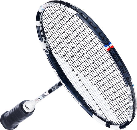 A close-up of the Babolat Satelite Spire 3U 2026 Badminton Racket in white and blue, featuring tightly strung strings and a black grip, shown against a white background—ideal for dedicated club players who demand precision and control.