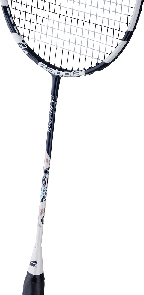 A white and blue Babolat Satelite Spire 3U 2026 badminton racket featuring a black grip and the Babolat brand name on both the frame and strings. The shaft is adorned with decorative black and blue patterns, making it an attractive option for club players who value both performance and stylish design.