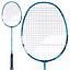 The Babolat Satelite Rise 4U 2026 Badminton Racket in blue is shown with a black grip, featuring a close-up of the racket head that highlights its string pattern and frame details against a white background. Ideal for beginners, this Babolat racket combines stylish design with reliable performance.