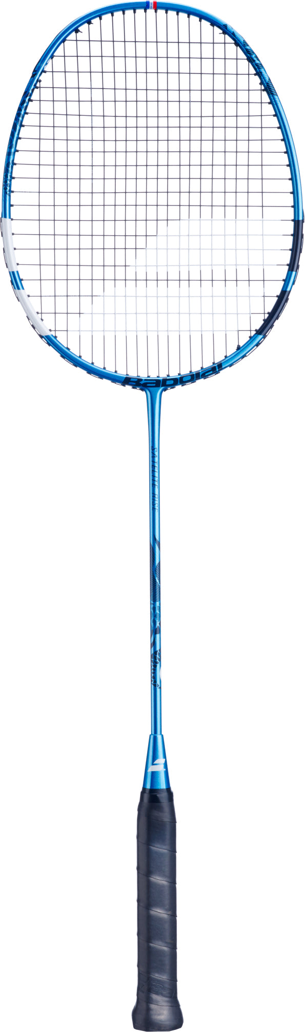 The Babolat Satelite Rise 4U 2026 Badminton Racket in blue features a black grip and white strings, displayed against a white background—making it an ideal choice for beginners looking to start their badminton journey.