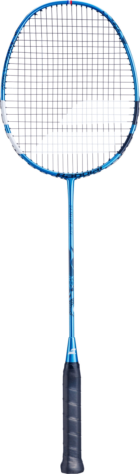 The Babolat Satelite Rise 4U 2026 Badminton Racket in blue features a black grip and white strings, displayed against a white background—making it an ideal choice for beginners looking to start their badminton journey.