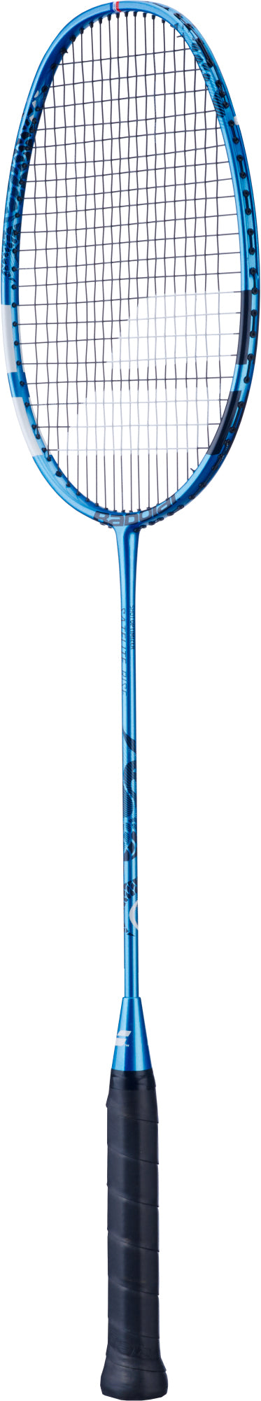 A Babolat Satelite Rise 4U 2026 Badminton Racket in blue, featuring a black grip, black string netting, and a metallic frame from Babolat, is photographed against a white background.