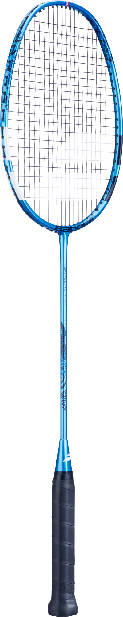 A Babolat Satelite Rise 4U 2026 Badminton Racket in blue, featuring a black grip and white strings, is displayed upright against a white background.