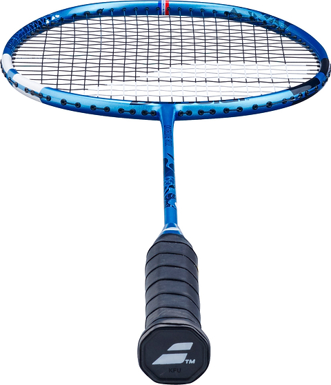 A Babolat Satelite Rise 4U 2026 Badminton Racket in blue, featuring black strings and a black grip, is shown photographed from the handle end to highlight its round head and the Babolat logo on the bottom of the handle. This beginner-friendly racket by Babolat blends style and functionality, making it an excellent choice for new badminton players.