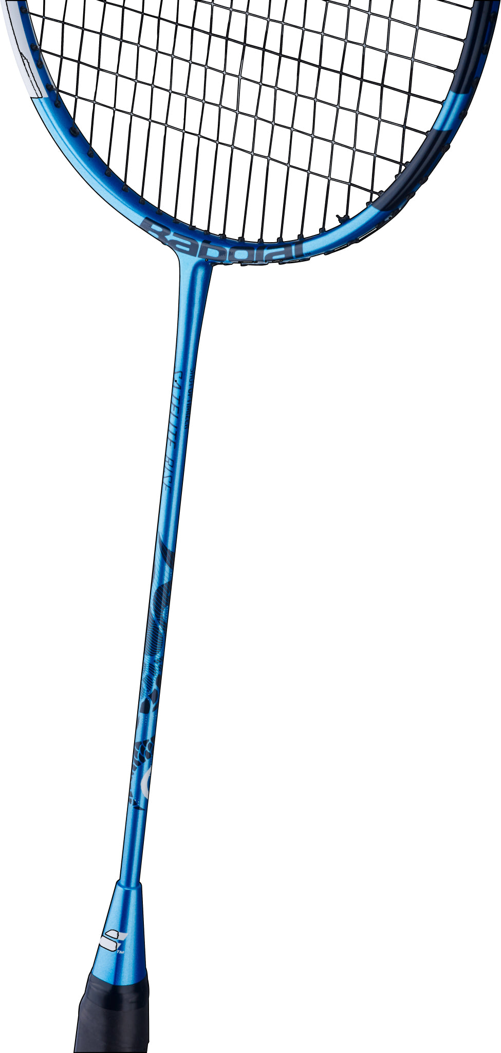 A close-up of the Babolat Satelite Rise 4U 2026 Badminton Racket in blue, designed for beginners and featuring black strings, shown against a white background.