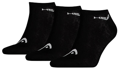 The HEAD Sneaker Badminton Socks (3 Pack) in black are made from a soft cotton blend. Each sock features a white logo and text near the top edge and a small design by the toe, providing comfort and style for casual wear.
