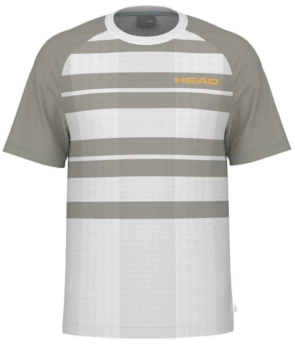 The HEAD Performance Men's Badminton T-Shirt - XPWG features short sleeves, gray, white, and light brown plaid with gray sleeves, moisture-wicking fabric, and "HEAD" in yellow on the upper right chest.
