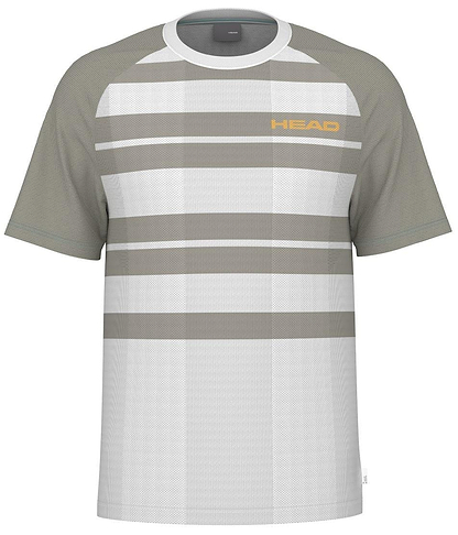 The HEAD Performance Men's Badminton T-Shirt - XPWG features short sleeves, gray, white, and light brown plaid with gray sleeves, moisture-wicking fabric, and "HEAD" in yellow on the upper right chest.