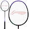 The Li-Ning Axforce 9 Badminton Racket by Li-Ning boasts a stylish black and purple frame, paired with a comfortable black grip. This mid-range racket features strings arranged in a grid pattern, highlighted with eye-catching red accents. Displayed from two angles against a white background, it combines both aesthetic appeal and excellent performance for players.