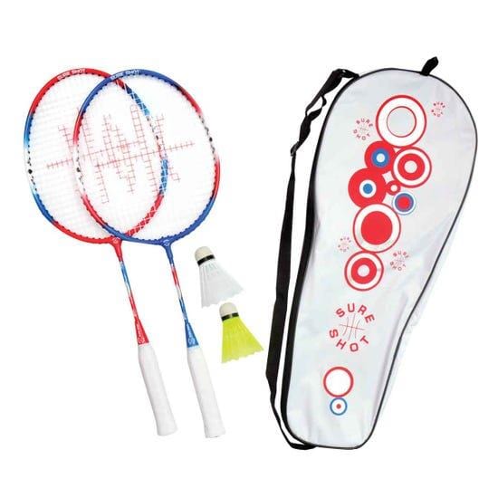 Introducing the Sure Shot London Junior Badminton Racket Set, perfect for young sports enthusiasts. This set features two vibrant tempered steel rackets in blue and red, a pair of shuttlecocks, and a white carrying case with playful red and blue designs.