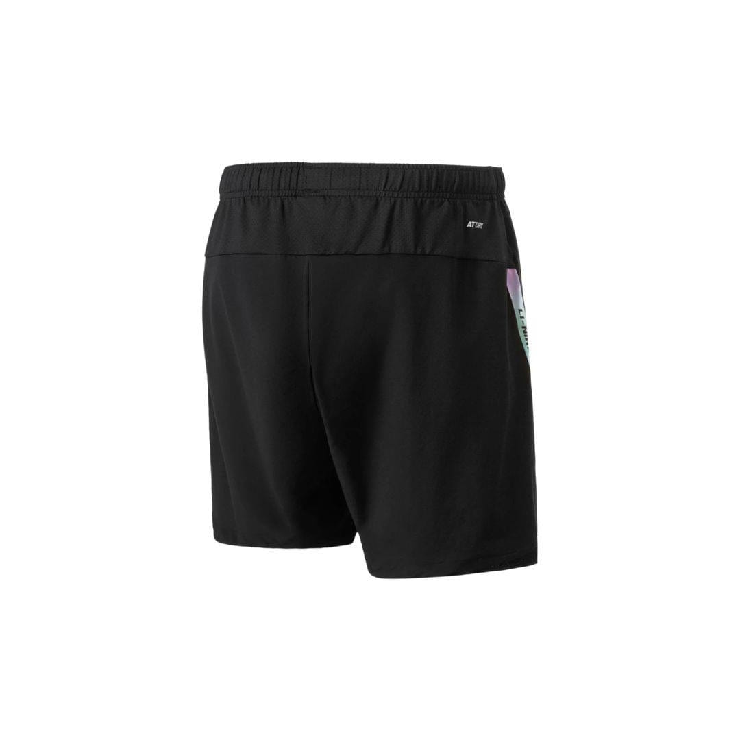 The Li-Ning Tournament Men's Badminton Shorts in black showcase a rear view with an elastic waistband and a small logo near the right side. A multicolored design partially adorns the right leg. Designed for badminton enthusiasts, these shorts offer moisture-wicking technology against a plain white background.