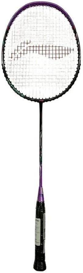 Introducing the Li-Ning Axforce 9 3U Badminton Racket - Zircon, the ideal choice for beginner players. This racket features a chic purple frame and handle grip, with strings creating a crisscross pattern within its oval-shaped head. The racket is beautifully displayed against a white background, perfectly highlighting its sleek design.