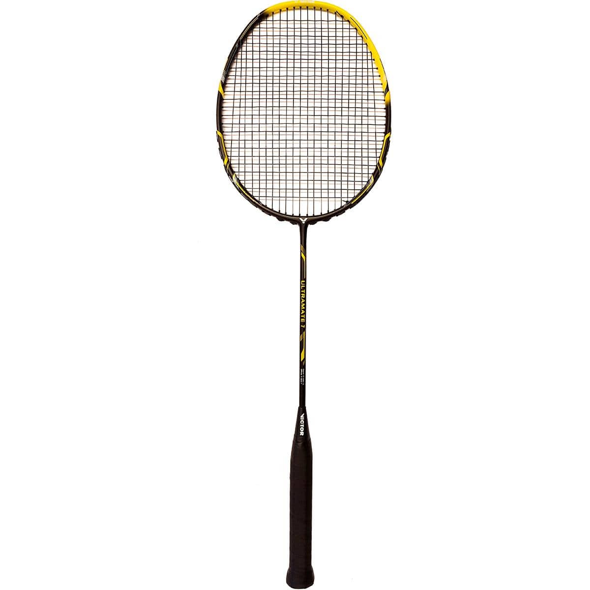 The Victor Ultramate 9 Badminton Racket by Victor features a stylish black and yellow design. Its predominantly black high-carbon frame shines with yellow details along the rim, complemented by tightly woven strings and a handle wrapped in black grip tape for optimal performance against a simple white background.