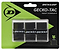 The packaging of the Dunlop Gecko-Tac Badminton Overgrip - 3 Pack - Black, featuring a sleek black and green design, includes three overgrip strips adorned with the Dunlop logo. With tacky surface technology for enhanced control, these overgrips are perfect for improving your grip on badminton racquets.