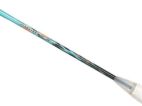 A close-up of the Victor Jetspeed S 12TD R 4U Badminton Racket by Victor, featuring an Aero-Sword frame, green and black design with orange and white accents, text details on the shaft, and a white cone at the handle end.