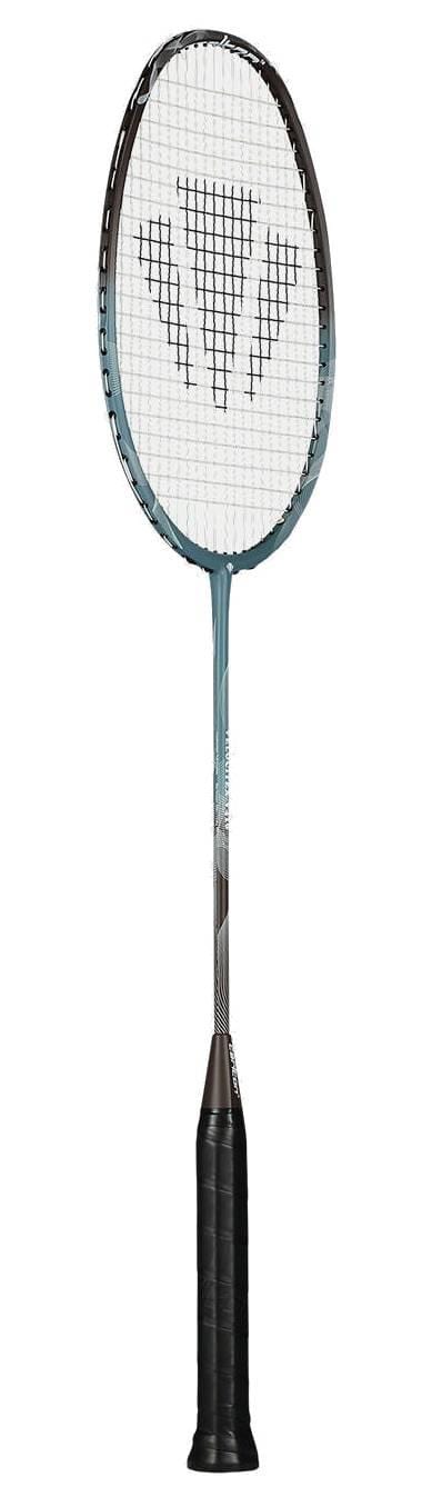 The Carlton Velocitex V410 3U Badminton Racket by Carlton features a graphite frame, slim shaft, black grip, blue metallic gradient finish, and an oval head with a patterned string bed and logo, providing an even balance for gameplay.