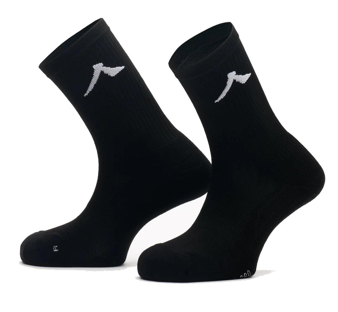 The Kanso Neo Pro Performance Crew Badminton Socks in black, with a white logo on the side, stand upright against a plain white backdrop. These athletic socks feature ribbed texture and ventilation channels for superior cushioning, perfect for active sports.