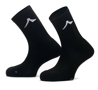 The Kanso Neo Pro Performance Crew Badminton Socks in black, with a white logo on the side, stand upright against a plain white backdrop. These athletic socks feature ribbed texture and ventilation channels for superior cushioning, perfect for active sports.