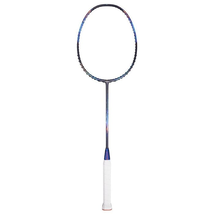 The Li-Ning Axforce 90 Long Max Badminton Racket - Storm Blue boasts a head-heavy balance, featuring a dark blue frame and white grip handle against a plain white background.