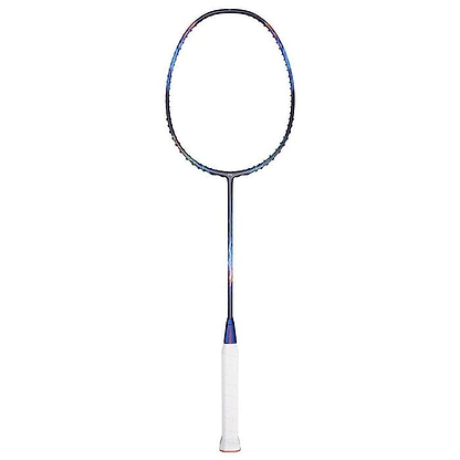 The Li-Ning Axforce 90 Long Max Badminton Racket - Storm Blue boasts a head-heavy balance, featuring a dark blue frame and white grip handle against a plain white background.