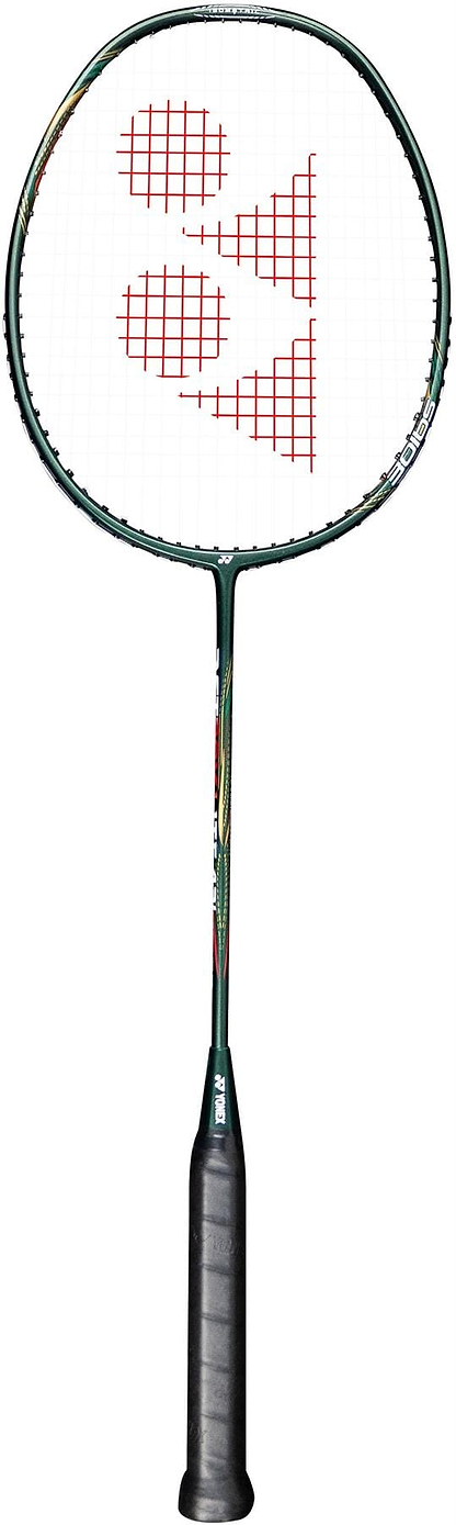 The Yonex Astrox Light 43i 5U Badminton Racket in dark green features a hi-flex shaft, black grip, and white strings with a red logo pattern on the string bed.