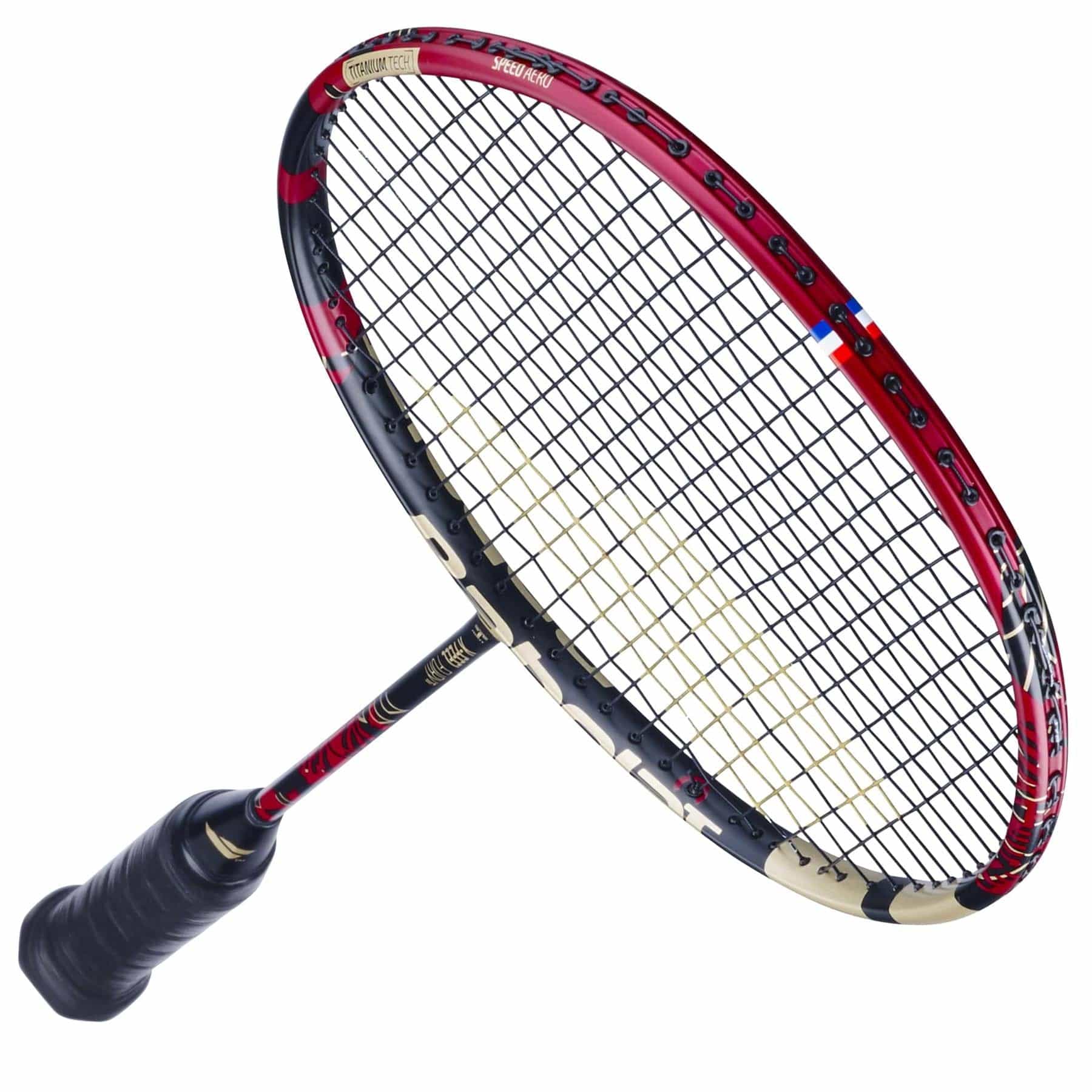 A detailed view of the Babolat X-Feel Fury Badminton Racket - Red / Black by Babolat highlights its red and black frame with black strings. The handle features black grip tape, while the shaft and head boast a bold camouflage design, engineered for exceptional power transmission.
